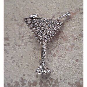 Silver-Tone & Clear Rhinestone Martini Glass Brooch Pin
